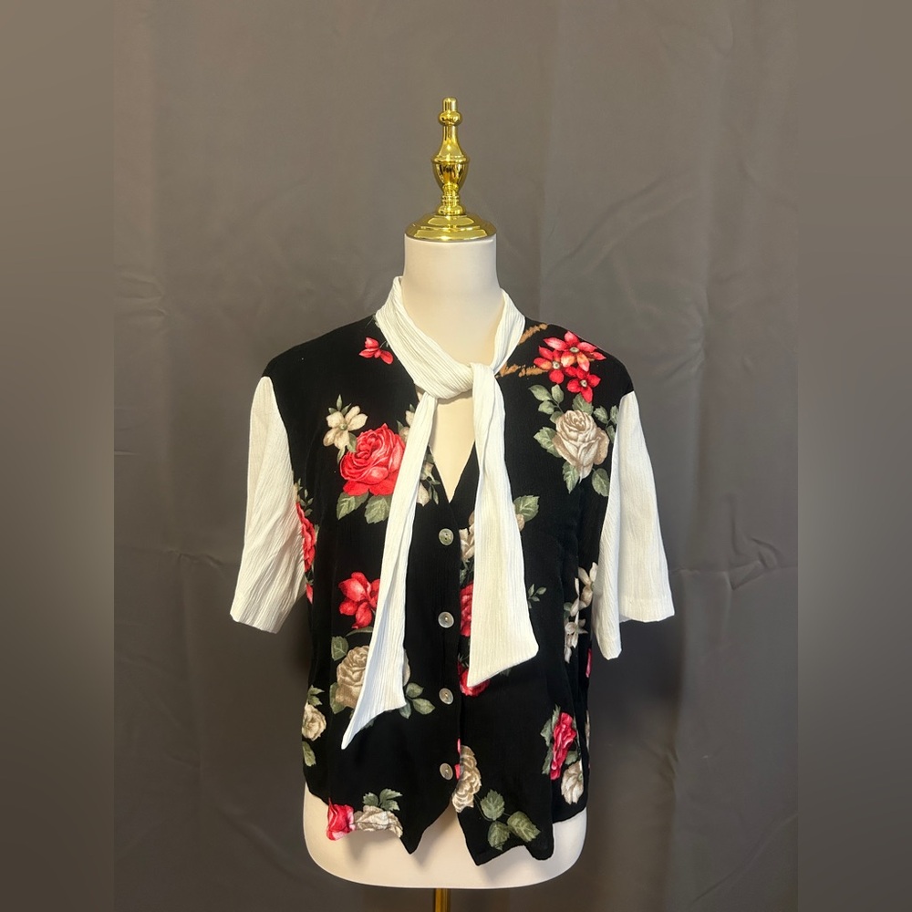 Vintage Floral Button Down shirt with Attached White Scarf